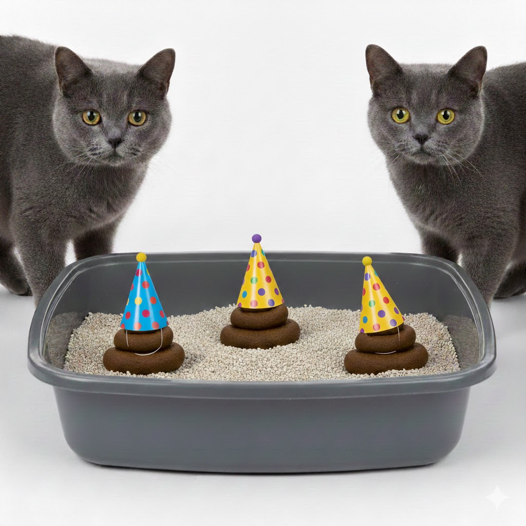 The Litterbox logo depicts two cats flanking a litter tray with three clumps of poop. The poops are wearing party hats.