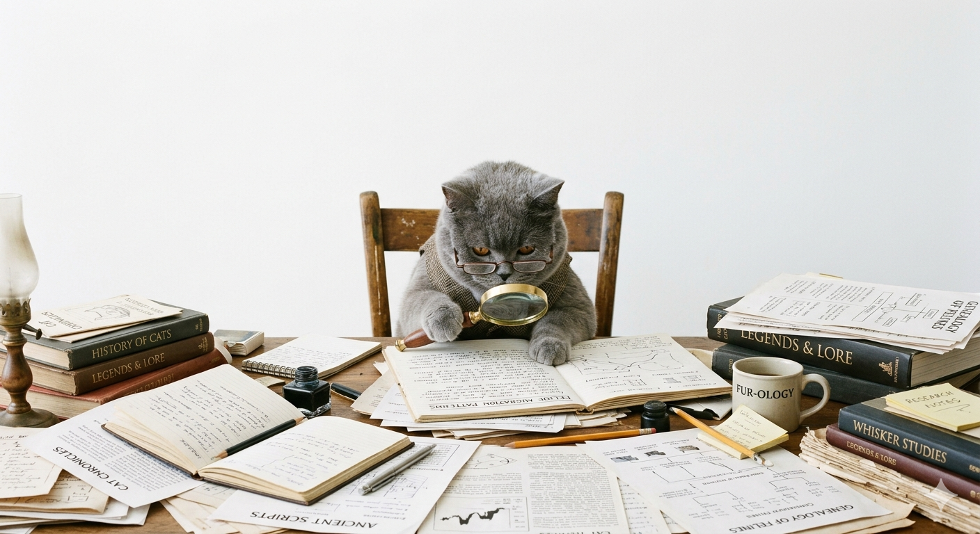 The Lens logo depicts a cat sitting over a cluttered desk, inpsecting a book through his glasses and a magnifying glass.