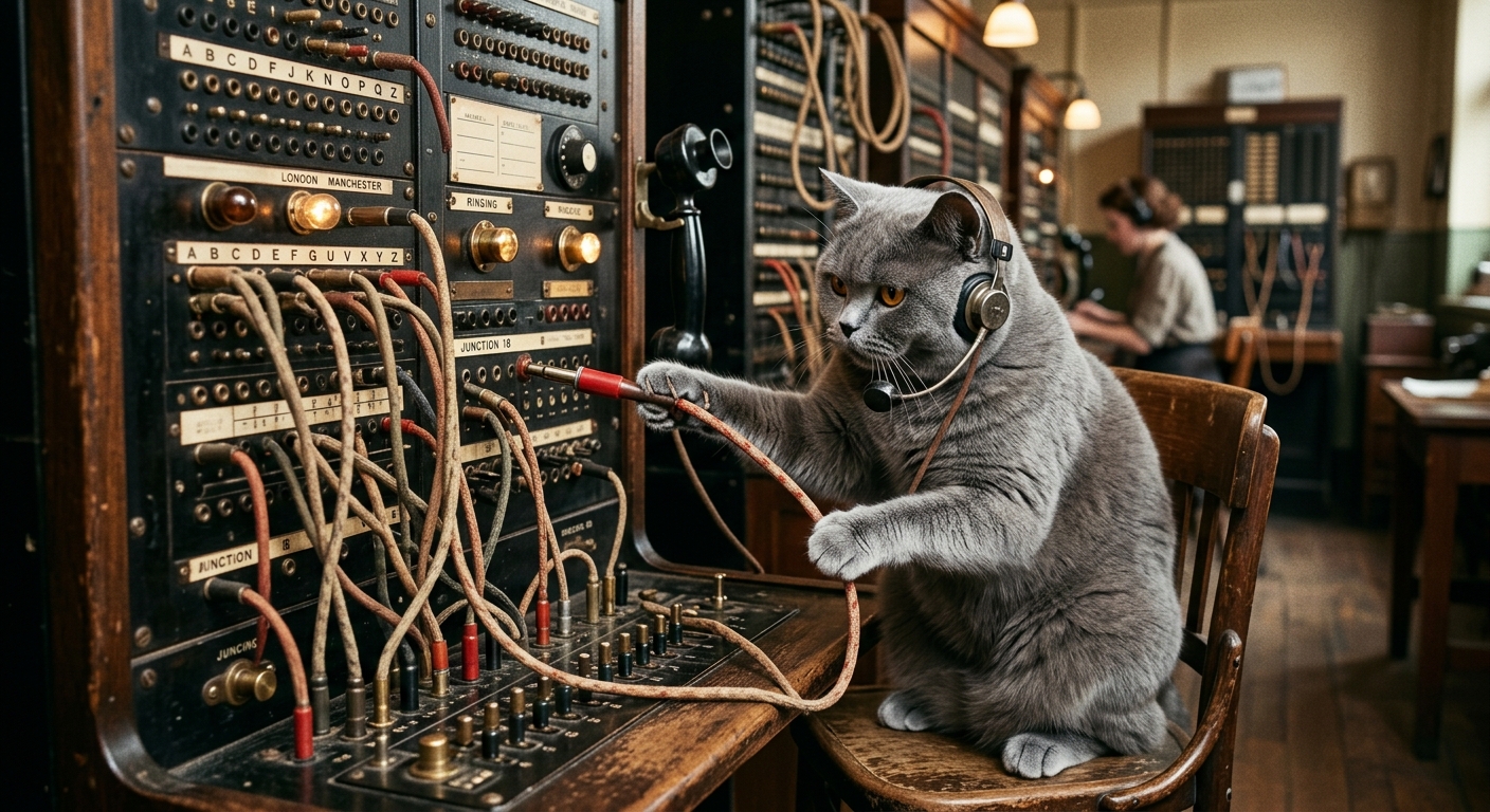 The Switchboard logo depicts two a cat operating a telephone switchboard, cable in paws.